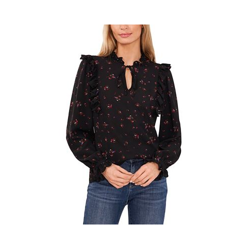 CeCe Womens Long Sleeve Tie-Neck Blouse with Eyelet Trim
