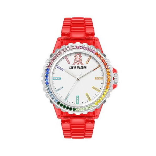 Steve Madden Womens Analog Transparent Red Plastic with Rainbow Crystal Bracelet Watch 40mm