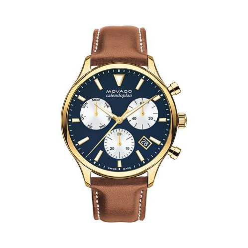 Movado Mens Heritage Calendoplan Swiss Quartz Chronograph Cognac Genuine Leather Strap Watch 43mm
