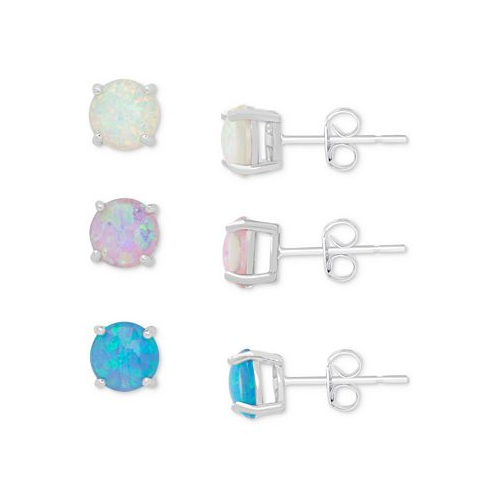 Macys 3-Pc. Set White Pink & Blue Lab-Grown Opal Stud Earrings (3-5/8 ct. t.w.) in Sterling Silver