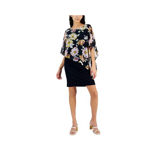 Connected Plus Size Floral-Print Cape-Sleeve Dress