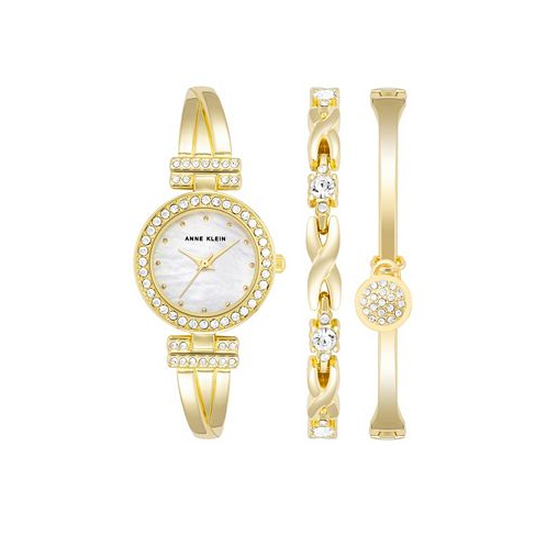 Anne Klein Womens Gold-Tone Alloy Bangle with Crystals Fashion Watch 24mm and Bracelet Set