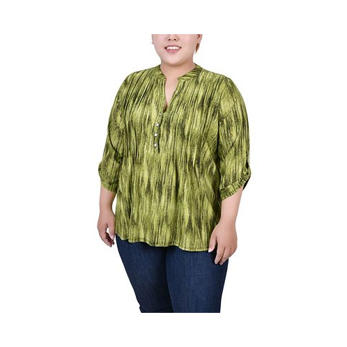 NY Collection Plus Size 3/4 Roll Tab Sleeve Y-Neck Top