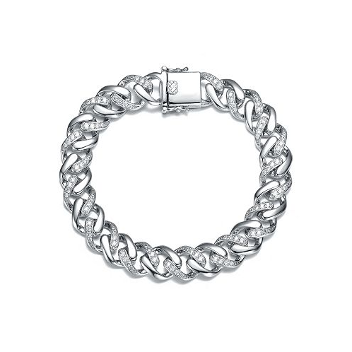 Genevive Bold Mens White Gold Plated Curb Chain Bracelet with Iced Out Cubic Zirconia in Sterling Silver