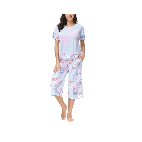 INK+IVY Womens Solid Short Sleeve T-shirt with Printed Capri 2 Piece Pajama Set