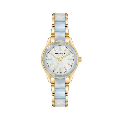 Anne Klein Womens Three Hand Quartz Gold-tone Alloy and Light Blue Marbled Acrylic Link Bracelet Watch 30mm