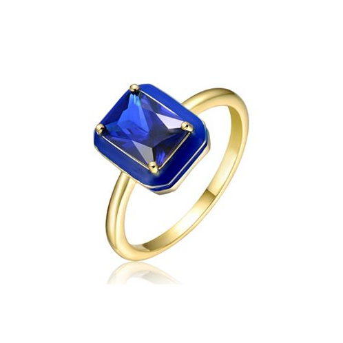 Rachel Glauber RA 14k Yellow Gold Plated with Sapphire Cubic Zirconia Blue Enamel Radiant Halo Ring