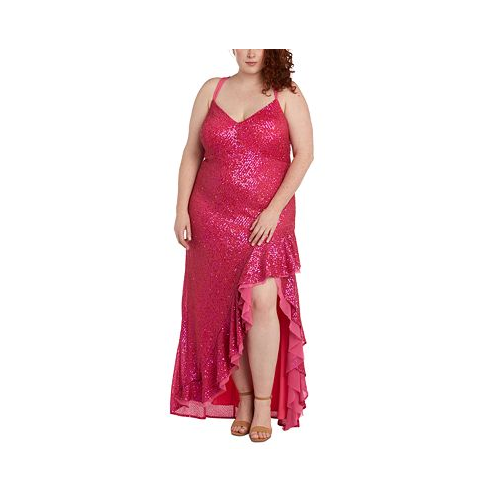 Morgan & Company Trendy Plus Size Sequin Ruffled High-Low Gown