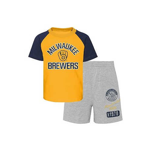 Outerstuff Toddler Boys and Girls Gold and Heather Gray Milwaukee Brewers Two-Piece Groundout Baller Raglan T-shirt and Shorts Set