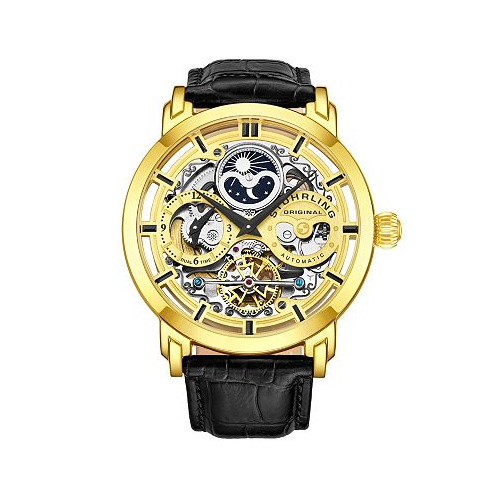 Stuhrling Mens Legacy Black Leather Gold-Tone Dial 46mm Round Watch
