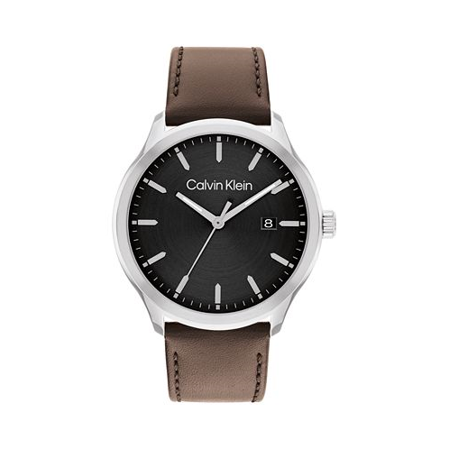 Calvin Klein Mens 3H Quartz Brown Leather Strap Watch 43mm