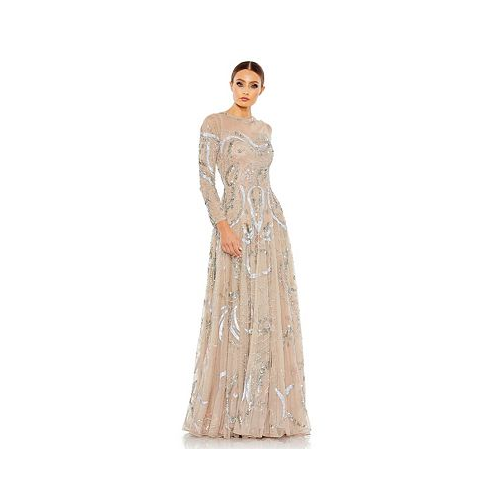 Mac Duggal Womens Embellished Illusion High Neck Long Sleeve A Line
