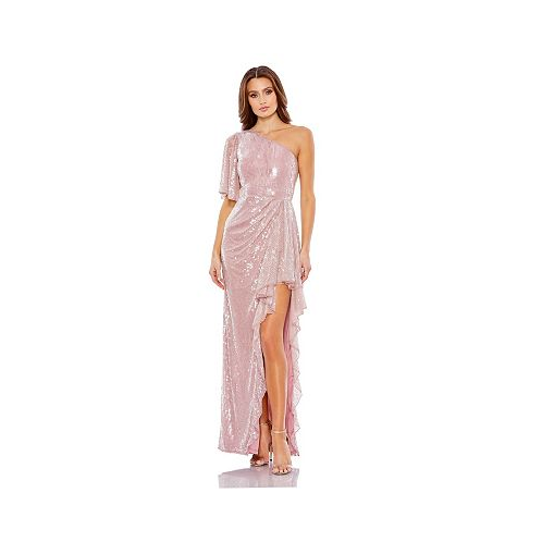 Mac Duggal Womens Sequined Flutter Sleeve One Shoulder Draped Gown