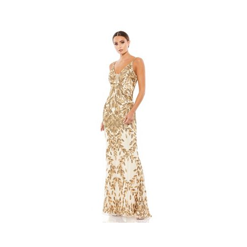 Mac Duggal Womens Sequined Sleeveless Plunge Neck Trumpet Gown