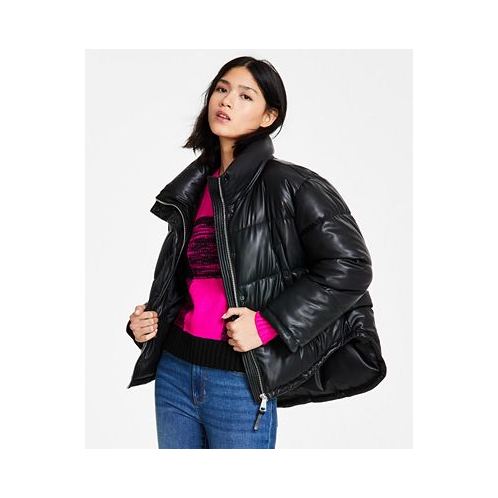 DKNY Jeans Womens Faux-Leather High-Low Hem Puffer Jacket