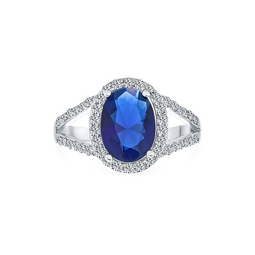 Bling Jewelry Classic 10CT AAA CZ Brilliant Simulated Royal Blue Sapphire Cut Halo Statement Oval Solitaire Engagement Ring For Women With Split Shank Thin Band