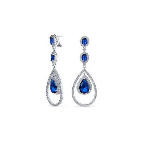 Bling Jewelry Wedding Simulated Blue Sapphire AAA Cubic Zirconia Double Halo Large Teardrop CZ Statement Dangle Chandelier Earrings Pageant Bridal Party
