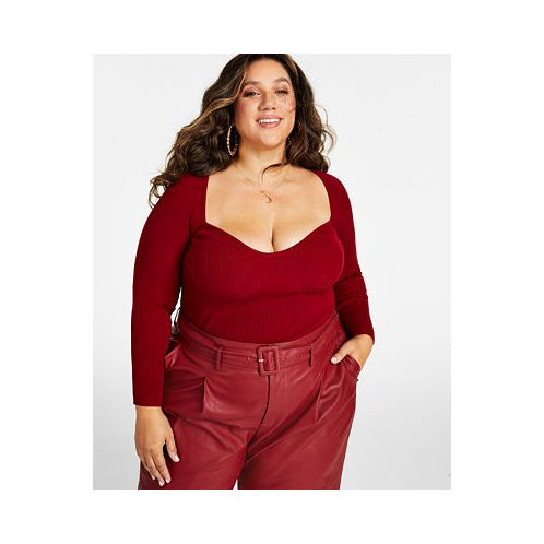 Nina Parker Trendy Plus Size Ribbed Sweetheart-Neck Top