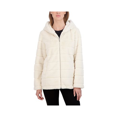 Sebby Collection Womens Hooded Grooved Faux Fur Zip Front Coat