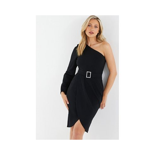 QUIZ Womens Black One Shoulder Buckle Detail Mini Dress