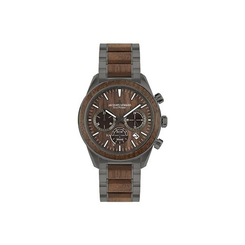 Jacques Lemans Mens Eco Power Watch with Solid Stainless Steel / Wood Inlay Strap IP-Grey Chronograph 1-2115