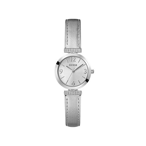 GUESS Womens Analog Silver-Tone Leather Watch 28mm