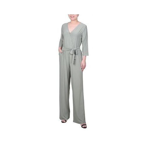NY Collection Petite 3/4 Sleeve Printed Belted Jumpsuit