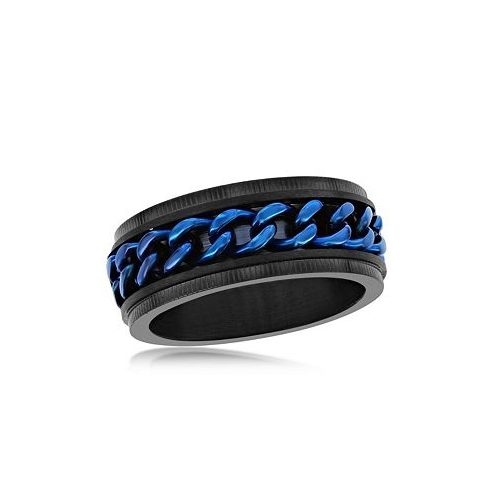Metallo Stainless Steel Blue Cuban Link Ring - Black Plated