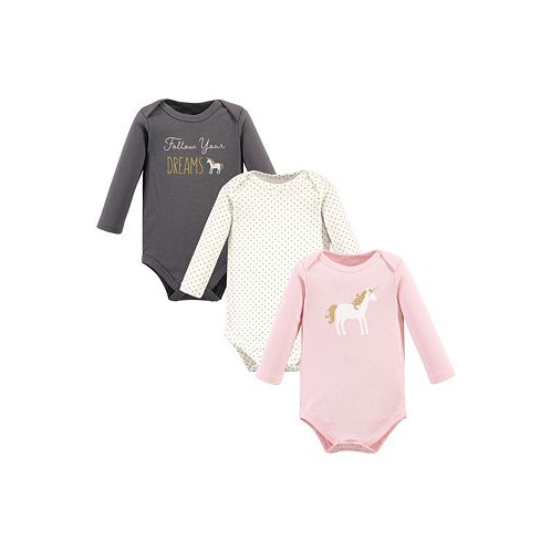 Hudson Baby Infant Girl Cotton Long-Sleeve Bodysuits Gold Unicorn 3-Pack