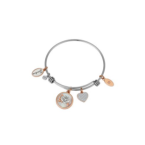 Unwritten Cubic Zirconia Heart and Bezel Mother of Pearl Inlay Flower and Silver-Plated Grandma Bangle Bracelet
