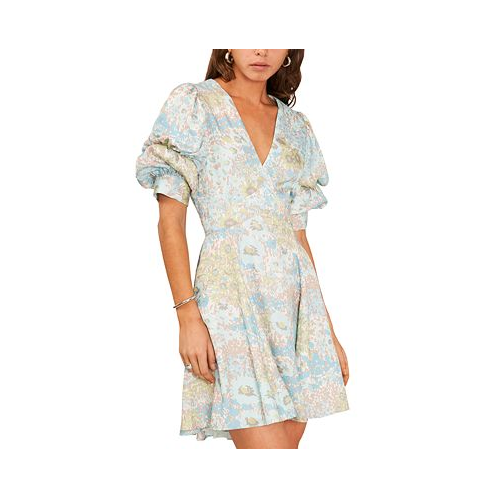1.STATE Womens Floral V-Neck Tiered Bubble Puff Sleeve Mini Dress
