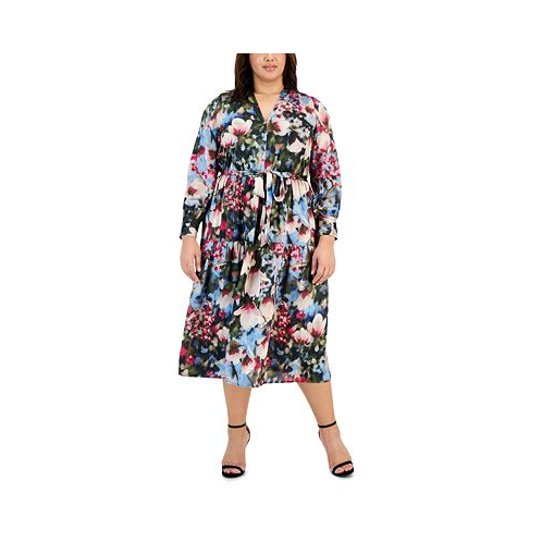 Anne Klein Plus Size Floral-Print Tiered Midi Dress