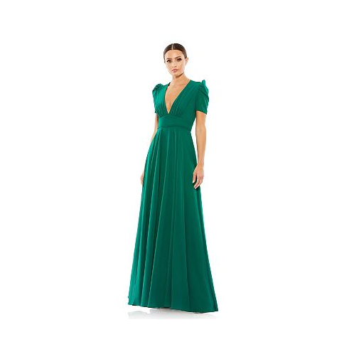 Mac Duggal Womens Plunge Neck Puff Sleeve Gown