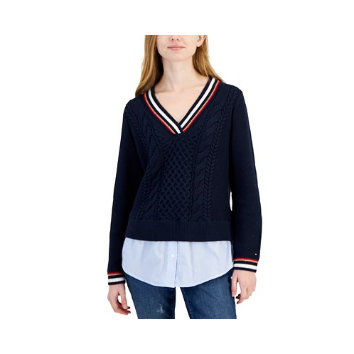 Tommy Hilfiger Womens Cable-Knit Layered-Look Sweater