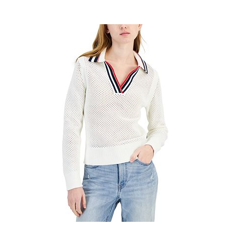 Tommy Hilfiger Womens Cotton Collared V-Neck Mesh Sweater