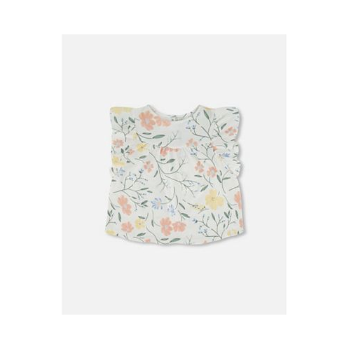 Deux par Deux Girl Jersey Top With Frill Sleeves Off While With Printed Romantic Flower - Child
