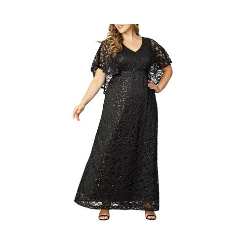Kiyonna Womens Plus Size Celestial Cape Sleeve Sequined Lace Gown