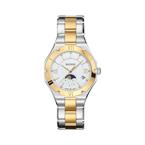 Womens Swiss Be Balmain Moonphase Diamond (1/20 ct. t.w.) Two-Tone Stainless Steel Bracelet Watch 33mm
