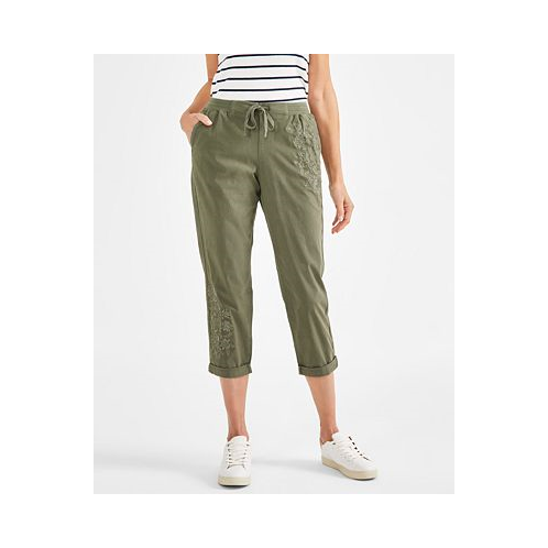 Style & Co Petite Floral-Embroidered Twill-Tape Pants