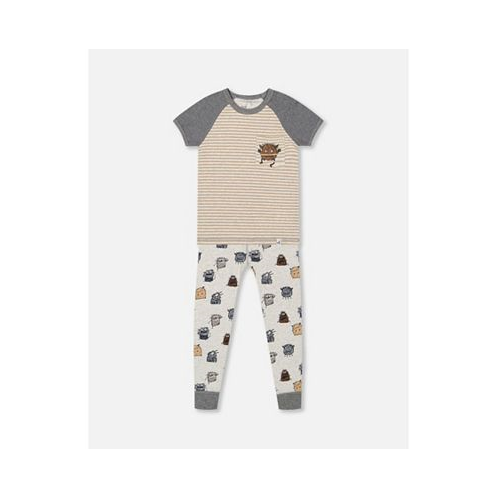 Deux par Deux Baby Boy Organic Cotton Two Piece Pajama Set Heather Beige Printed Monsters - Infant