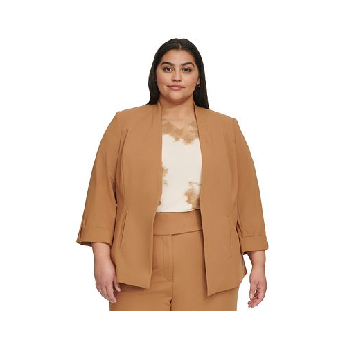 Calvin Klein Plus Size Collarless Open-Front Roll-Tab Sleeve Jacket