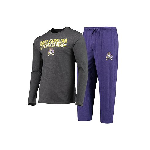 Concepts Sport Mens Purple Heathered Charcoal Distressed ECU Pirates Meter Long Sleeve T-shirt and Pants Sleep Set