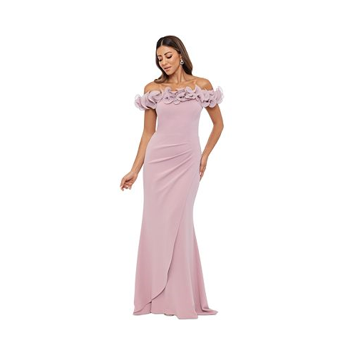 XSCAPE Womens Scuba-Crepe Ruffled Off-The-Shoulder Fit & Flare Gown