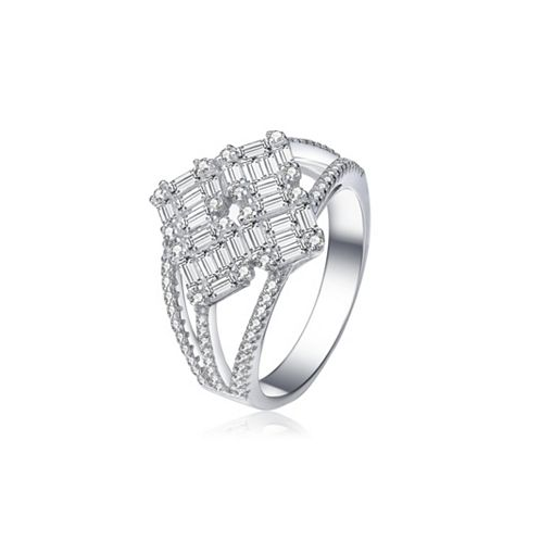 Genevive Sterling Silver with White Gold Plated Triple Split Shank Clear Baguette with Round Cubic Zirconia Ring