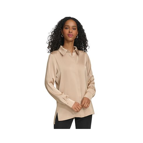 Calvin Klein Womens Long Sleeve High-Low Collared Shirt