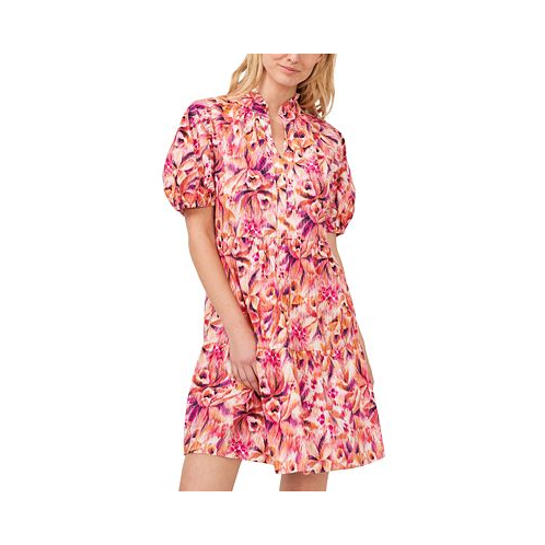 CeCe Womens Printed Puff Sleeve Ruffled Neck V-Neck Tiered Baby Doll Dress