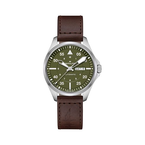 Hamilton Mens Swiss Automatic Khaki Aviation Day Date Brown Leather Strap Watch 42mm