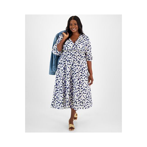 On 34th Trendy Plus Size Printed Blouson-Sleeve Cotton Midi Dress