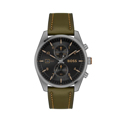 Hugo Boss Mens Skytraveller Quartz Fashion Chrono Green Leather Watch 44mm