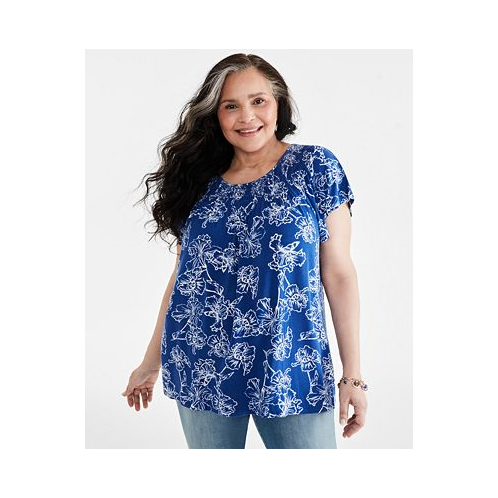 Style & Co Plus Size Printed Gathered Scoop-Neck Flutter-Sleeve Top